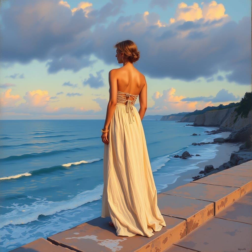 Sunset Beach View from Cliff in Impressionist Style