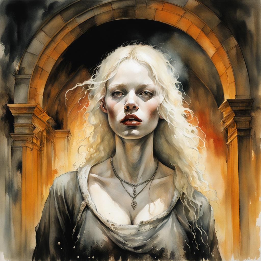 Albino Girl in Bleak Celtic World as Watercolor