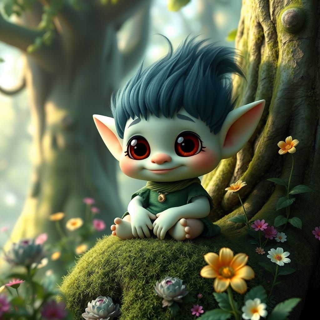 Whimsical Chibi Troll in Enchanted Forest, 3D Character Art