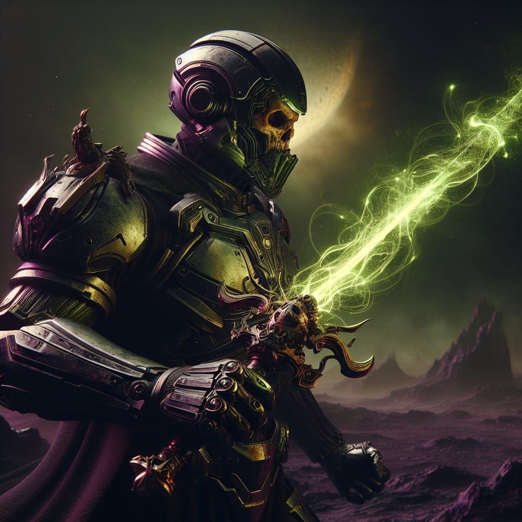 Dark Science Fiction Warrior in Purple and Yellow Armor