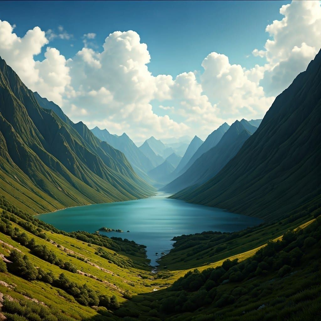 Turquoise Mountain Lake in Fantasy Landscape