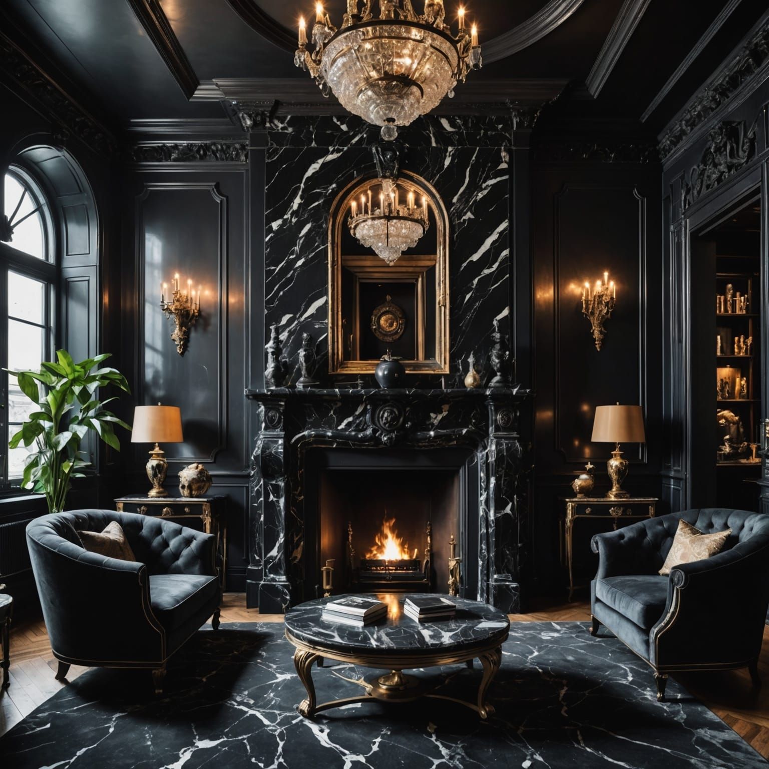 Dark Gothic Marbled Living Room With A Fireplace