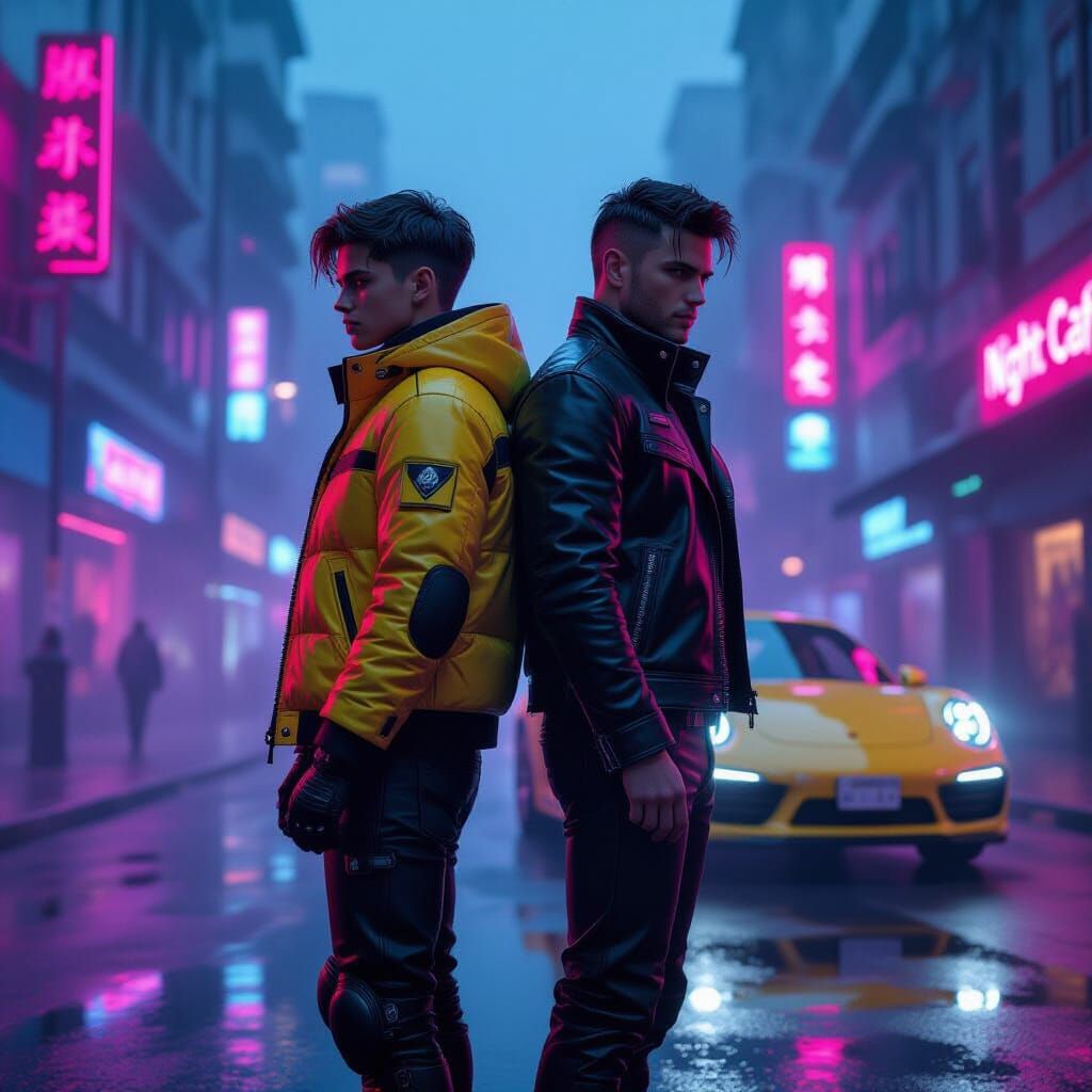 Cyberpunk Duo in Neon Cityscape: Anime Photorealism