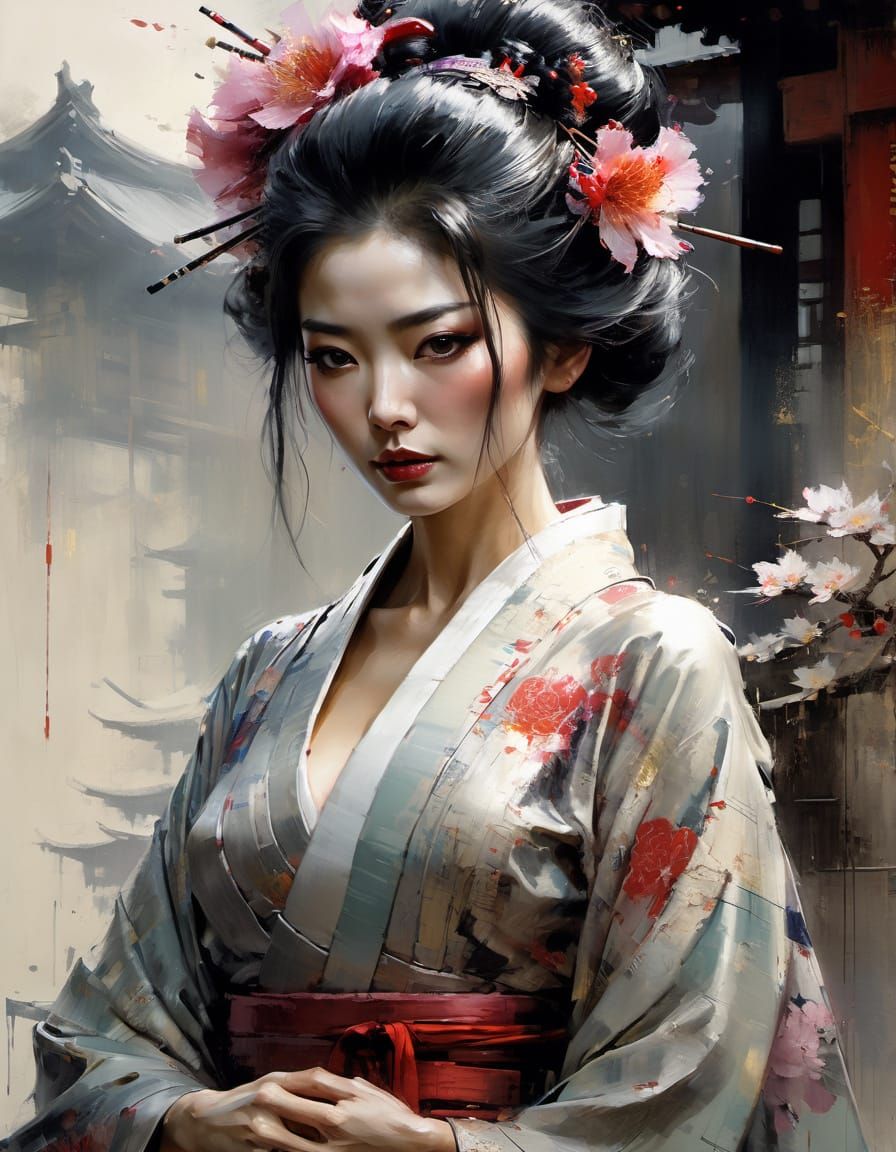Emotional Geisha in Silk Robe, Oil Painting Style