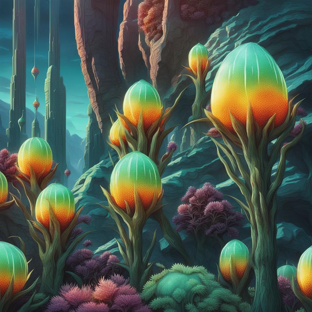 Close-Up of Bulbous Alien Plants in Sci-Fi Illustration