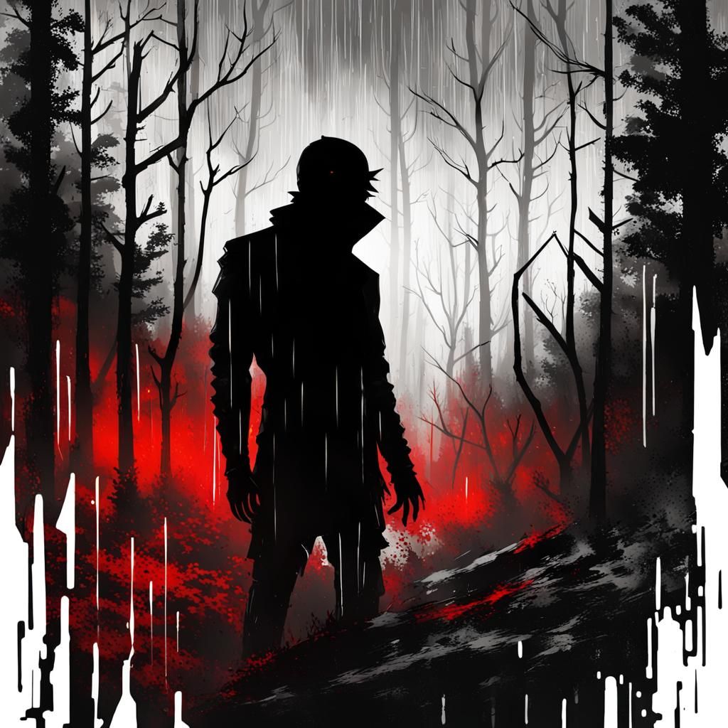 Cyberpunk Shadow Figure in Dark Forest