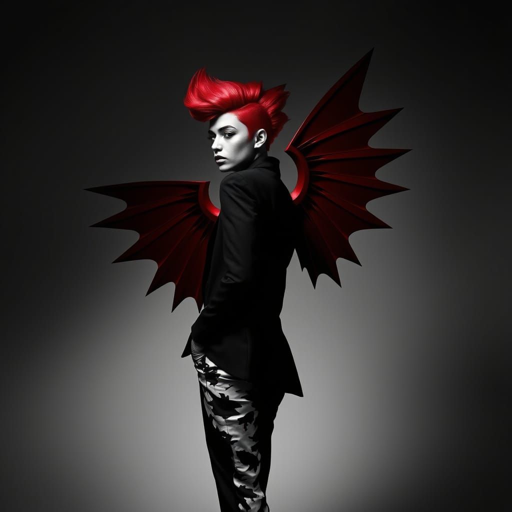 Androgynous Model with Geometric Wings in Moody Black and Wh...