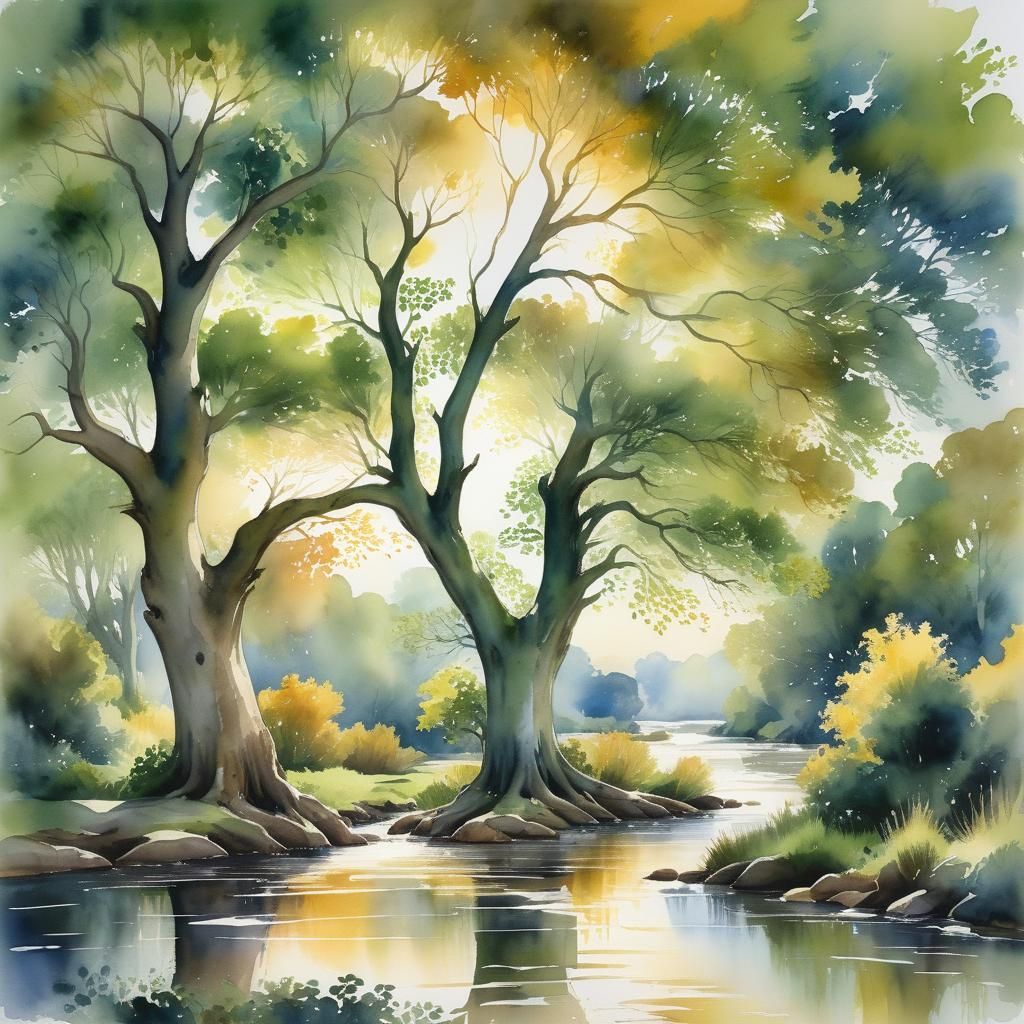 Sycamore Tree in Watercolour with River Backdrop