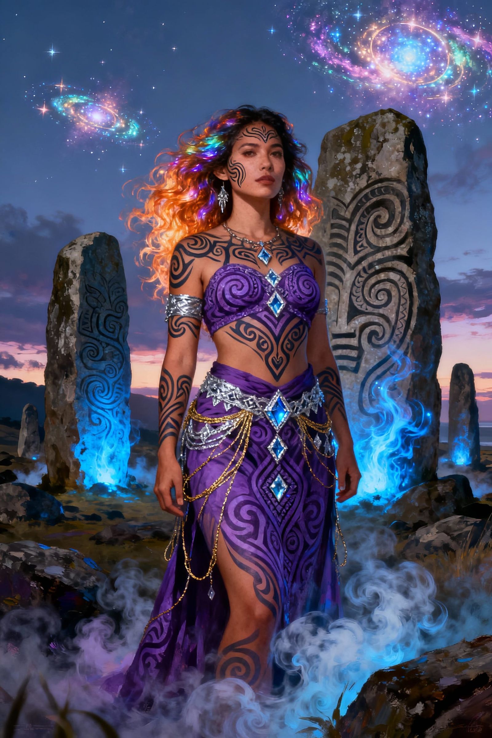 Maori Woman with Mystical Energy and Cosmic Sky