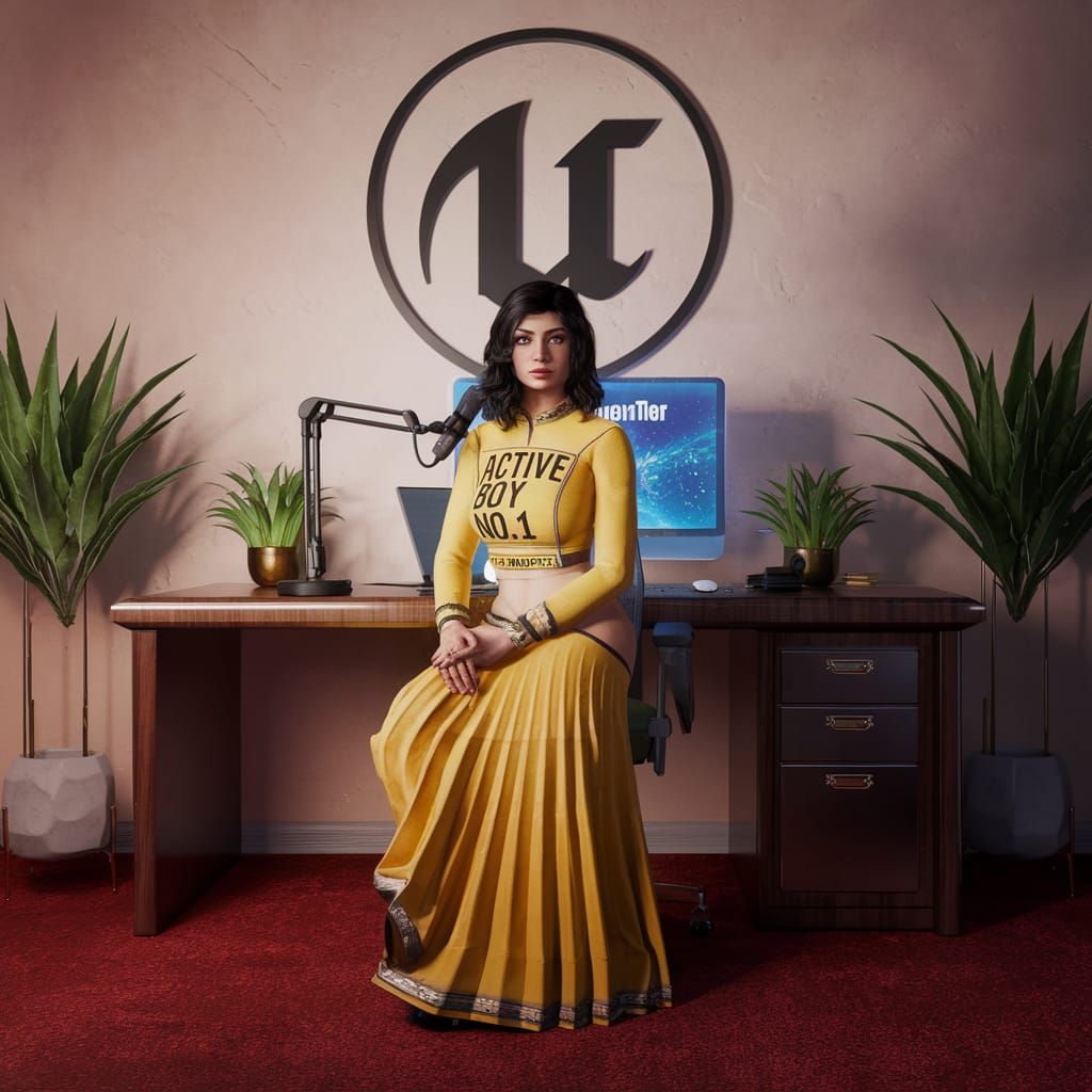 Indian Beauty in Yellow Sharara Suit, Computer Setup, and Re...