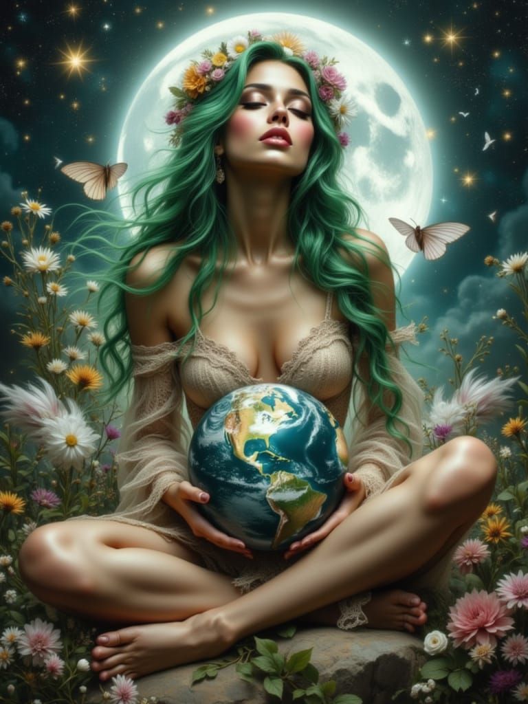 Divine Goddess Gaia Holding Earth in Ethereal Space