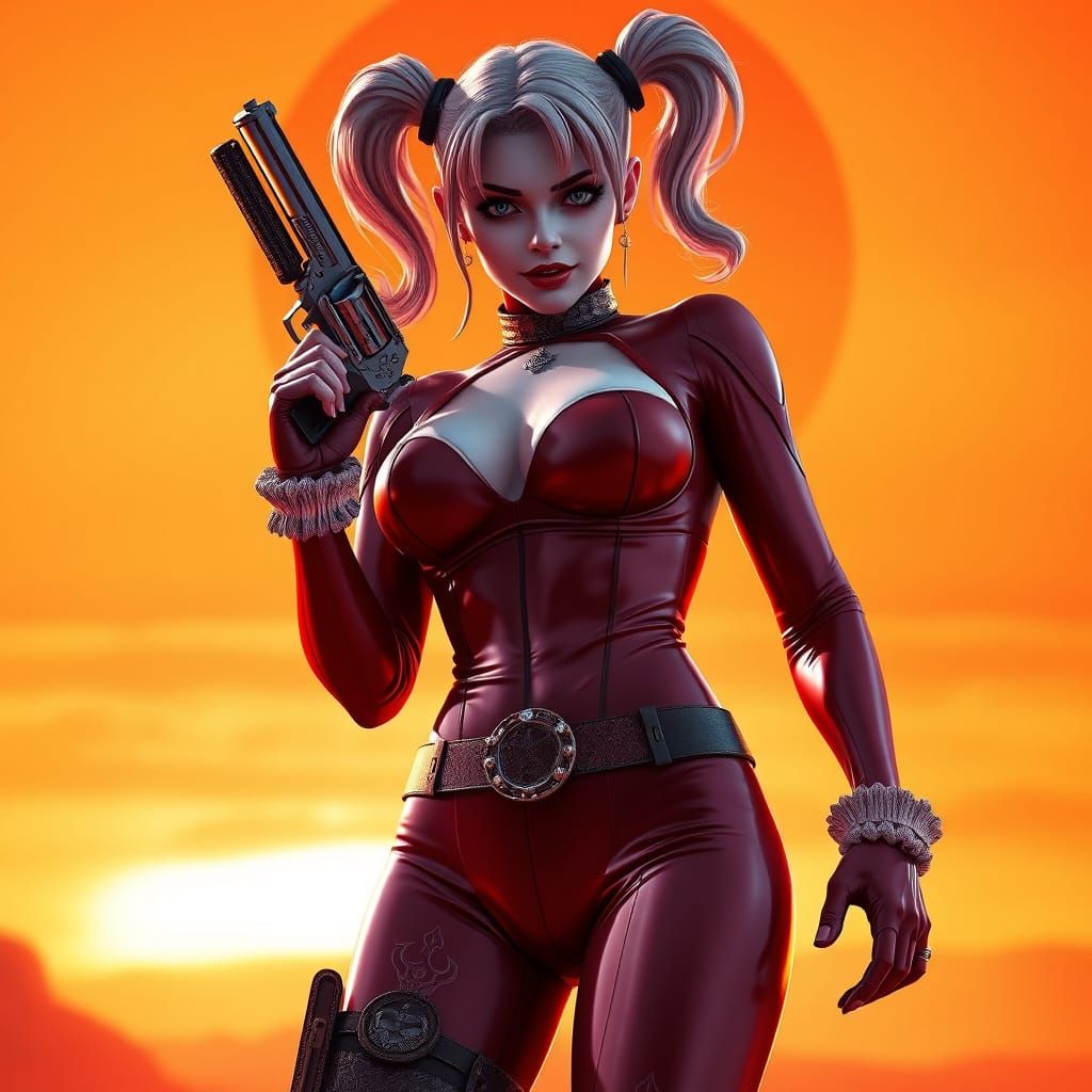 Dramatic Harley Quinn in Red Latex and Orange Sunset