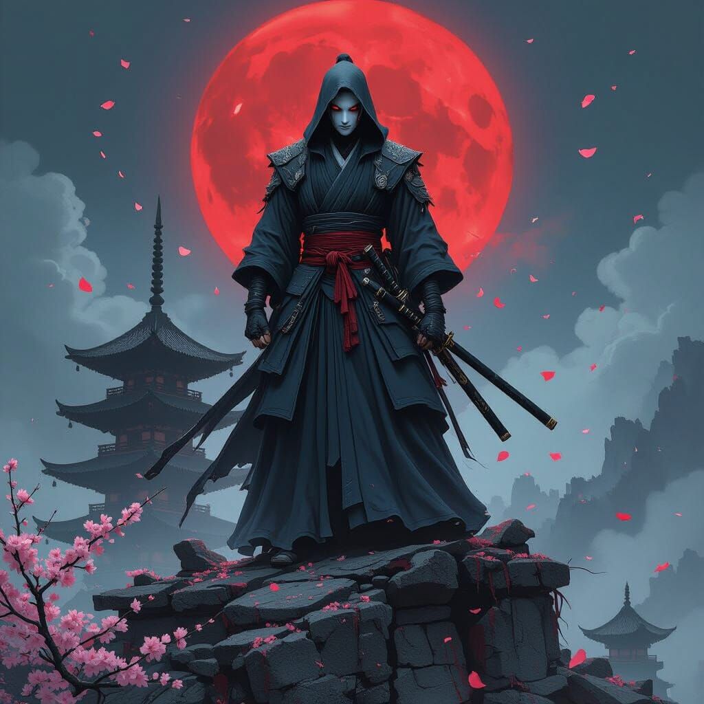 Ninja on Pagoda with Blood Moon in Gothic Horror Style
