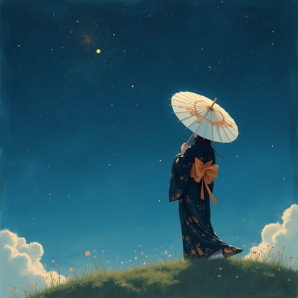 Japanese Woman Gazing at Starry Night Sky