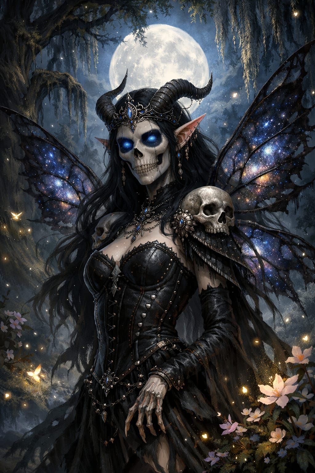 Elegant Elf-Skeleton Woman in Moonlit Fairytale Forest