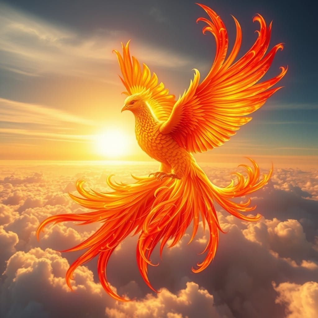 Surreal Golden Phoenix in Mid-Flight