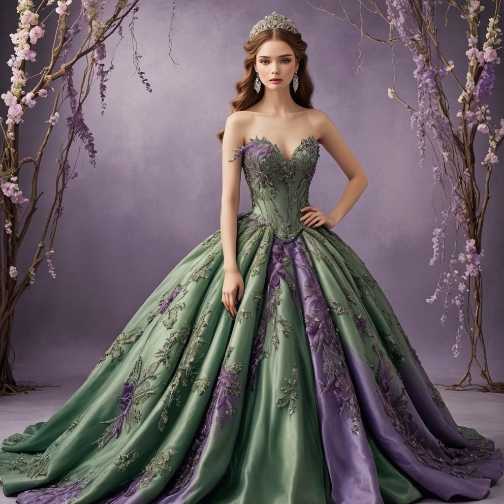 Fantasy Ball Gowns in Green and Purple
