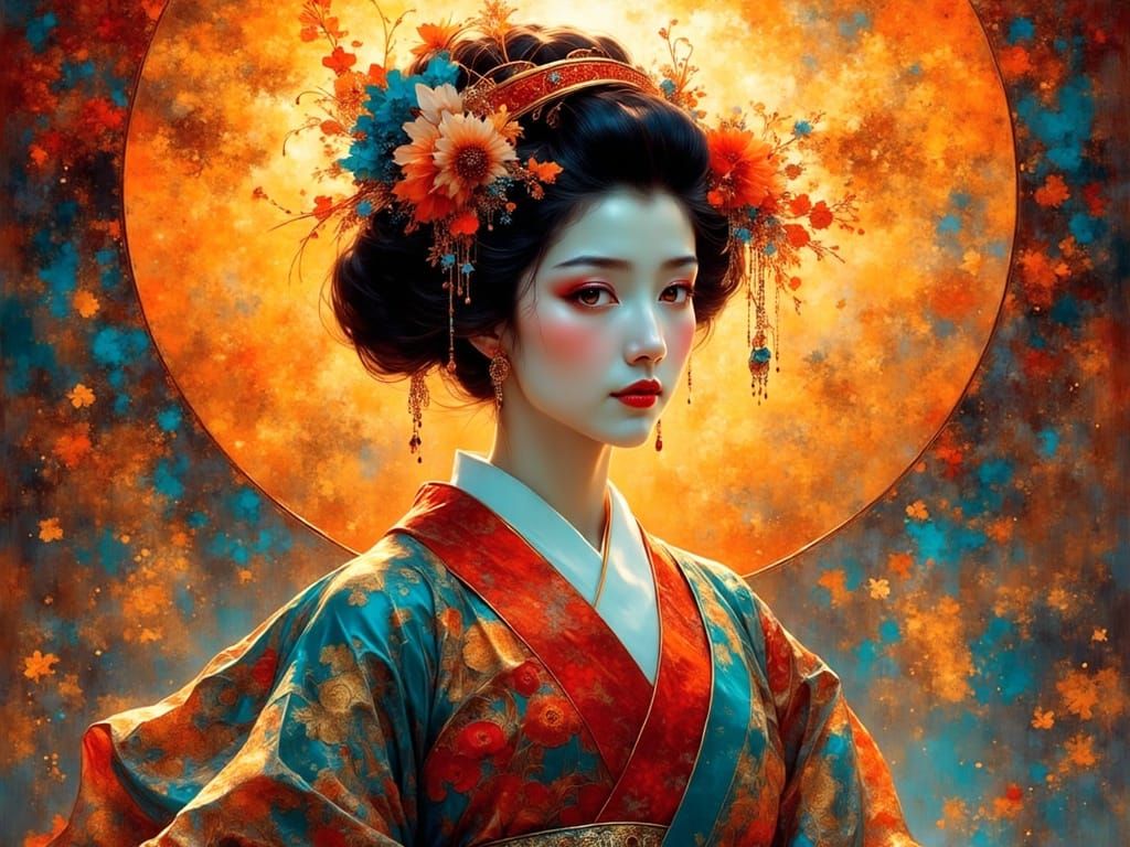 Geisha Ceremony at Sunset in Vibrant Neon Colors