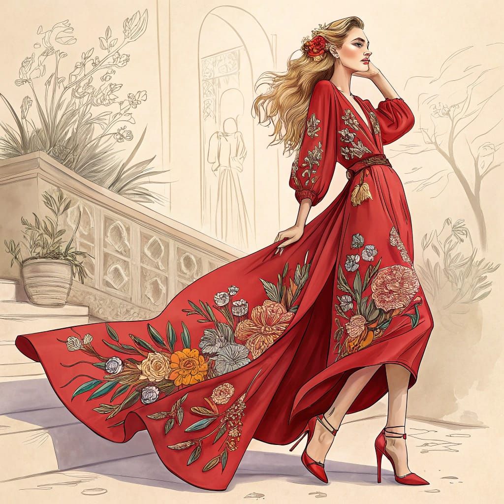 Elegant Woman in Red Dress, Art Nouveau Style