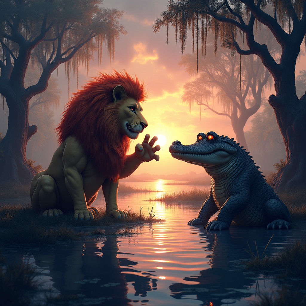 Lion and Alligator Discuss Basketball in Mystical Swamp