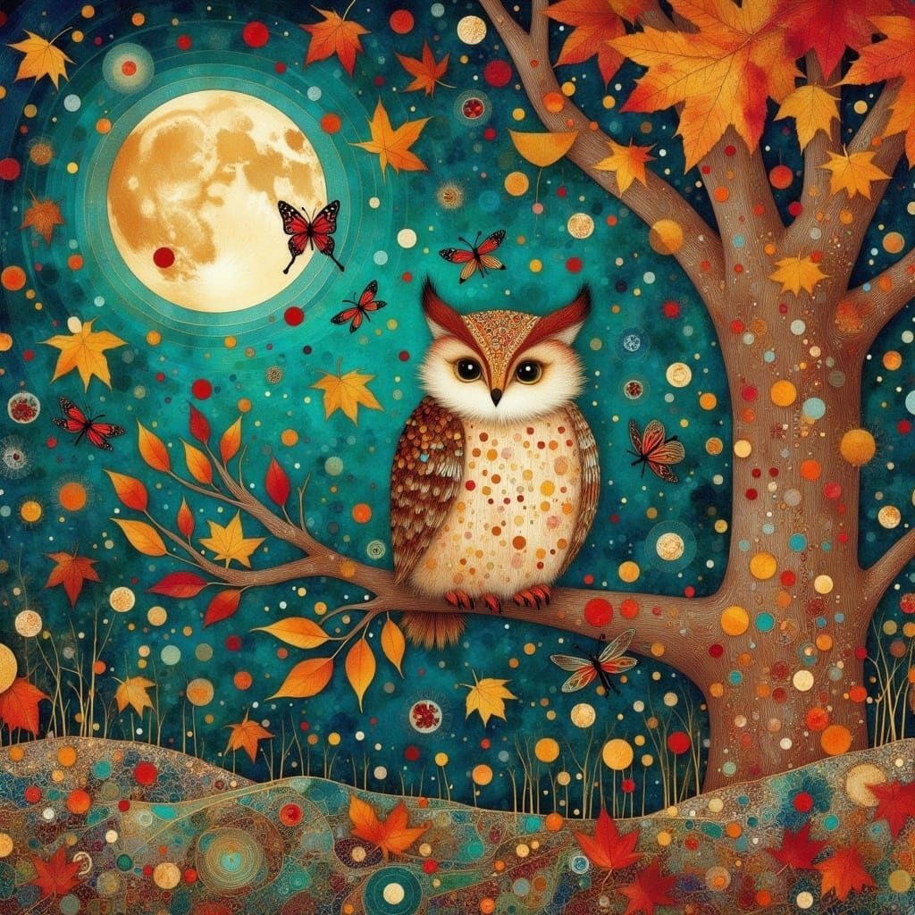 Surreal Autumn Scene Under Full Moon with Whimsical Owl