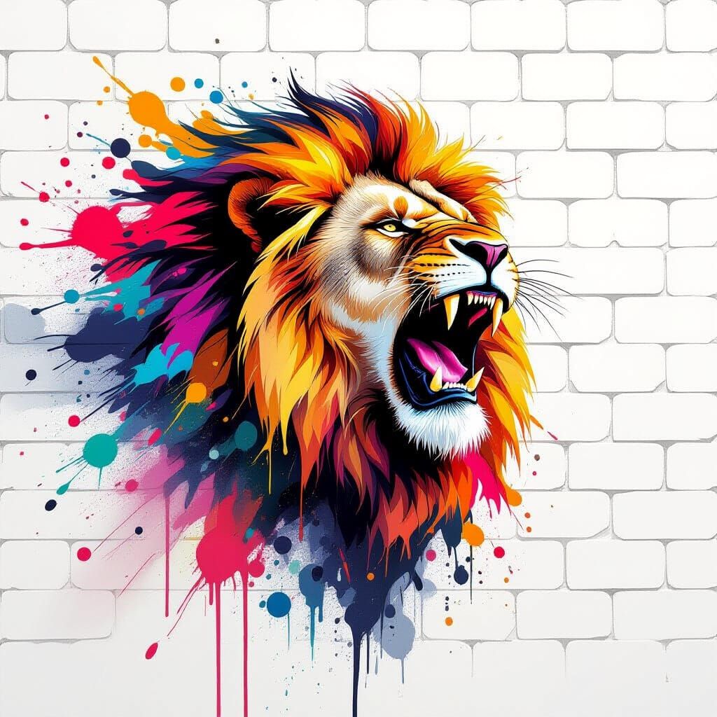 Surreal Lion Roaring with Paint Splash Mane in Urban Art Sty...
