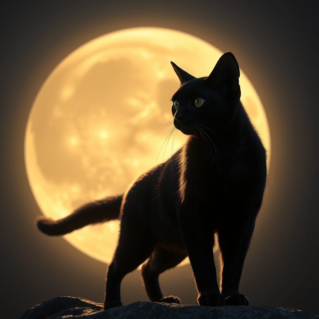 Majestic Black Cat in Front of a Luminous Moon