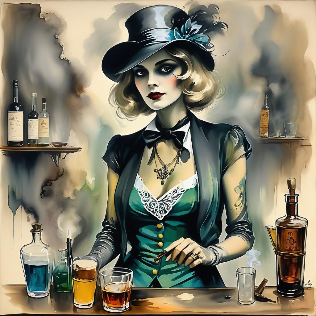 1930s Mafioso in Smoky Bar: Alcohol Ink Art