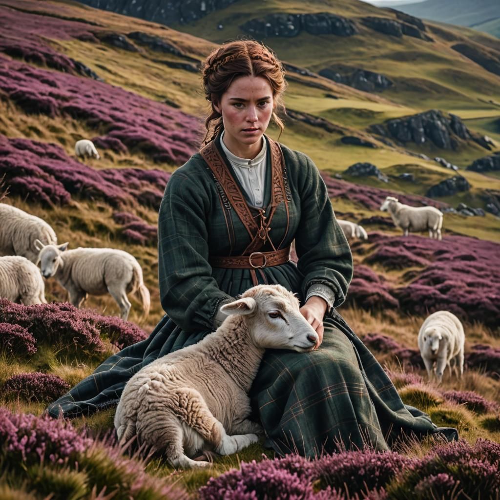 Scottish Woman with Lamb on Heather Hillside