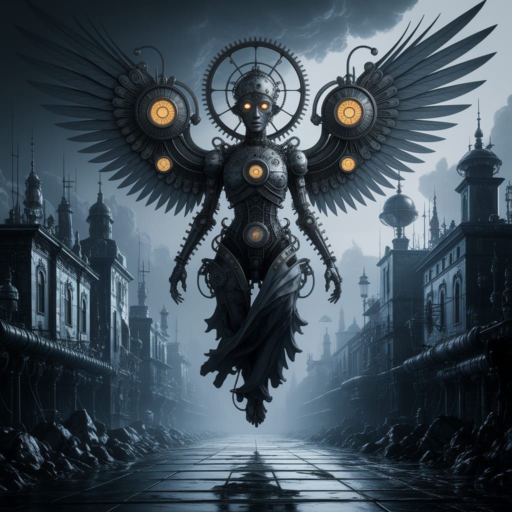 Mechanical Angel in Steampunk Cityscape