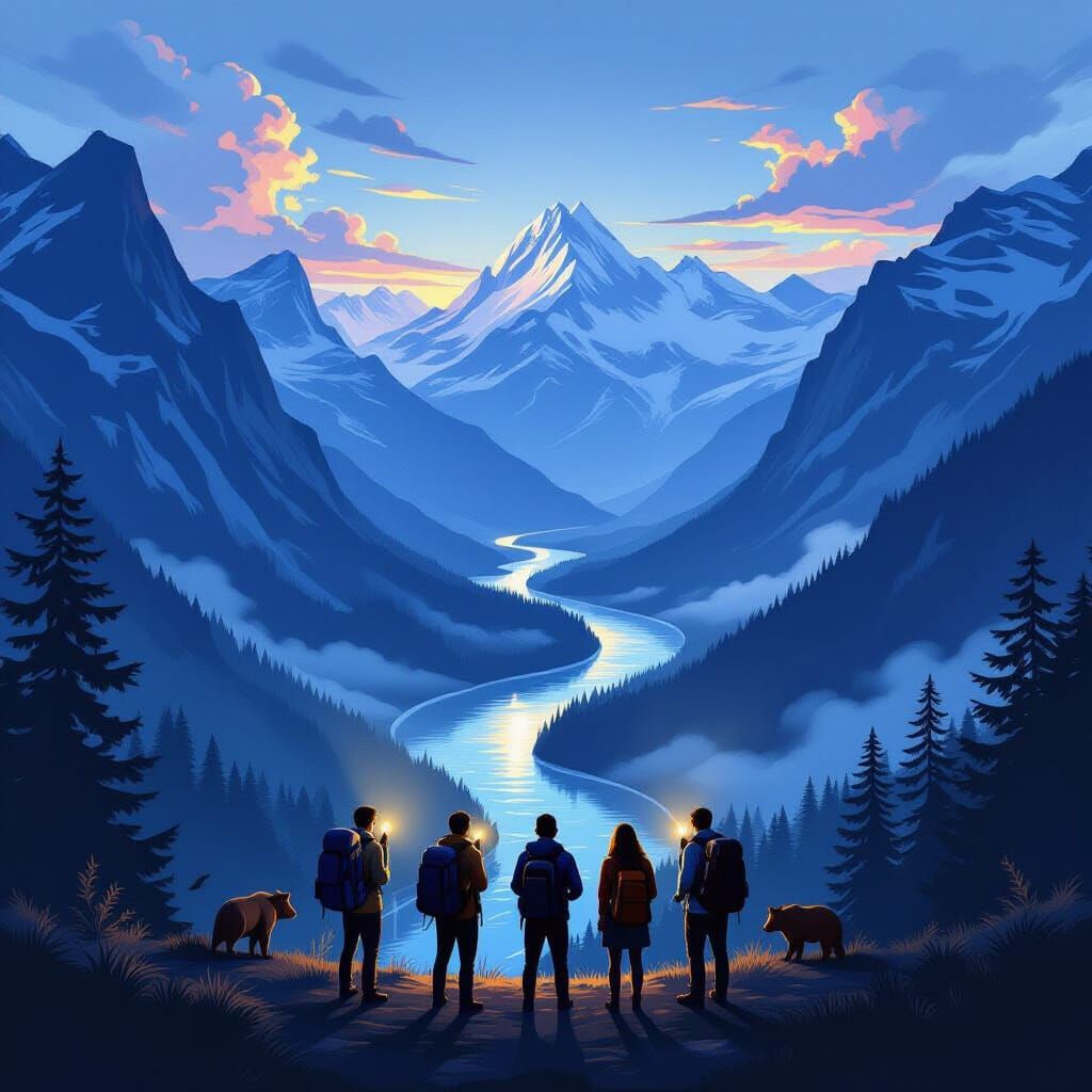 Backpackers at River Valley Edge: Matte Painting