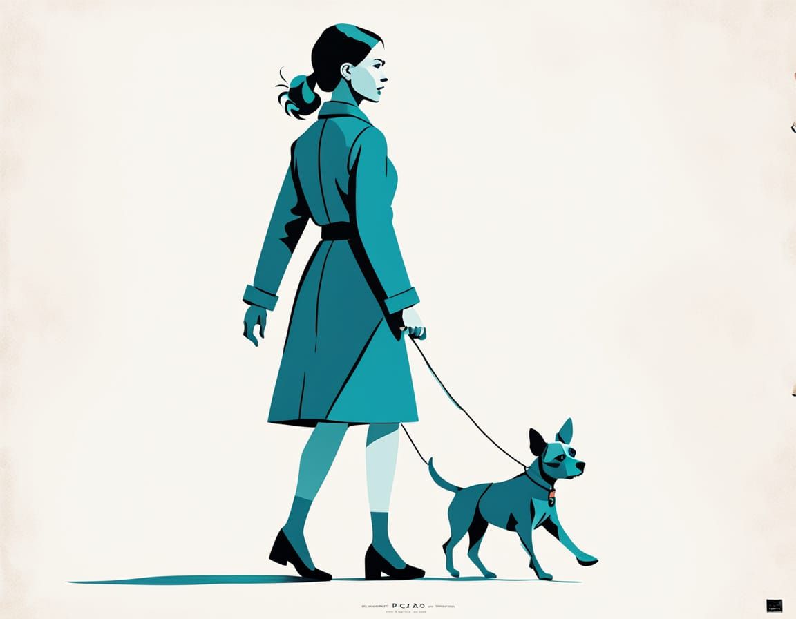 Minimalist Woman Walking Dog in a Cubist-Inspired Digital Ar...