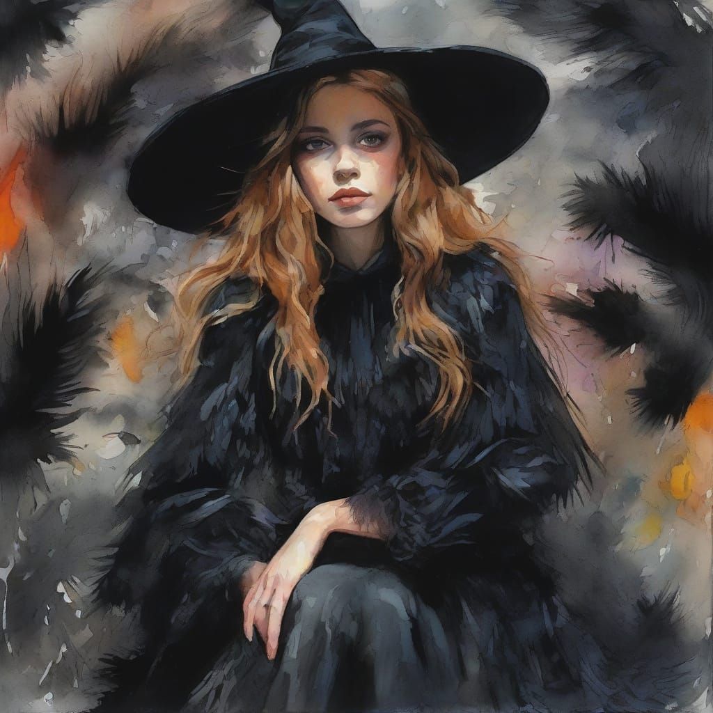 Surprised Young Witch With Wand Amidst Black Feathers