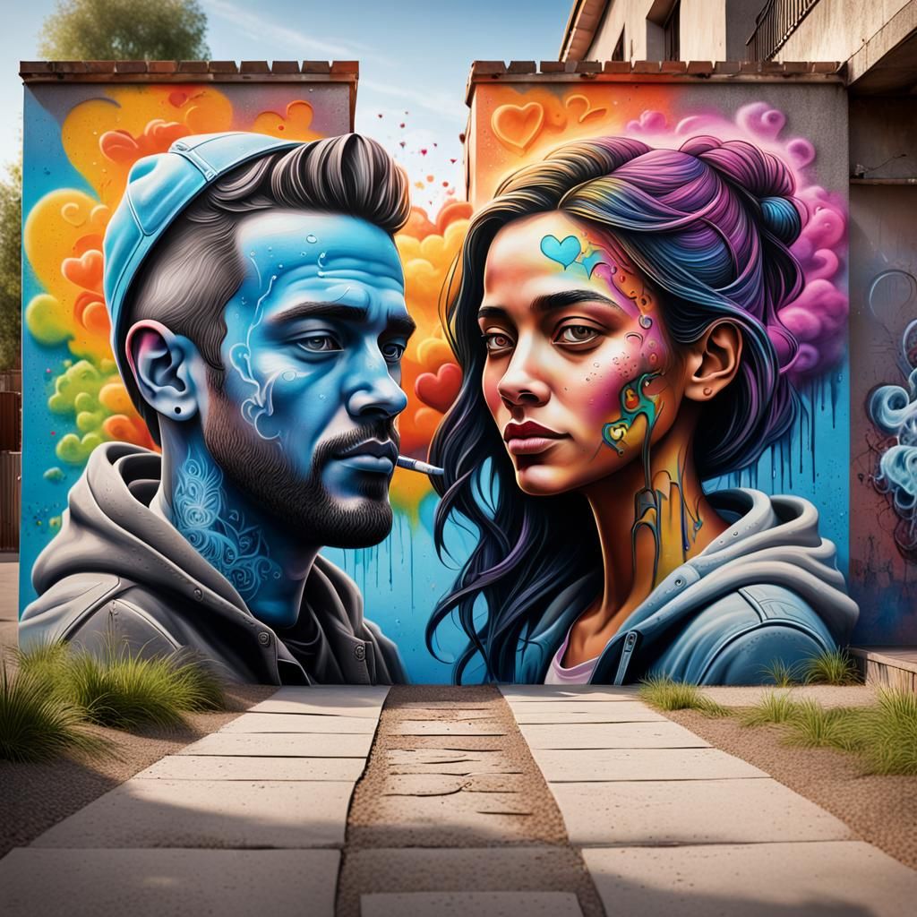 Graffiti Couple Walking to Land of Love