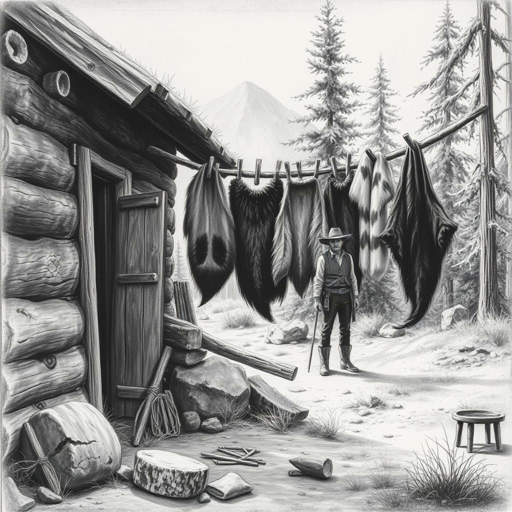 Mountain Man Hangs Furs in Charcoal Drawing