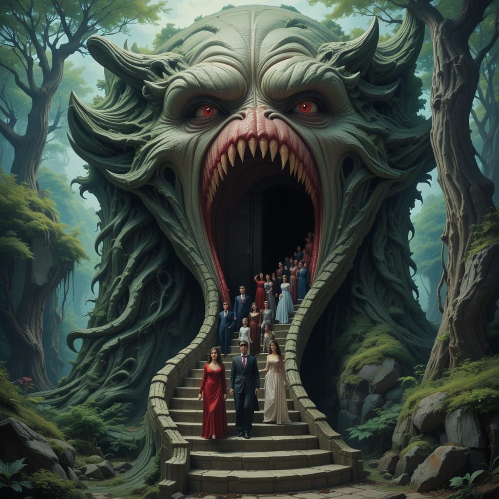 Surreal Fashion Beast Devours Enchanted Followers in Vibrant...