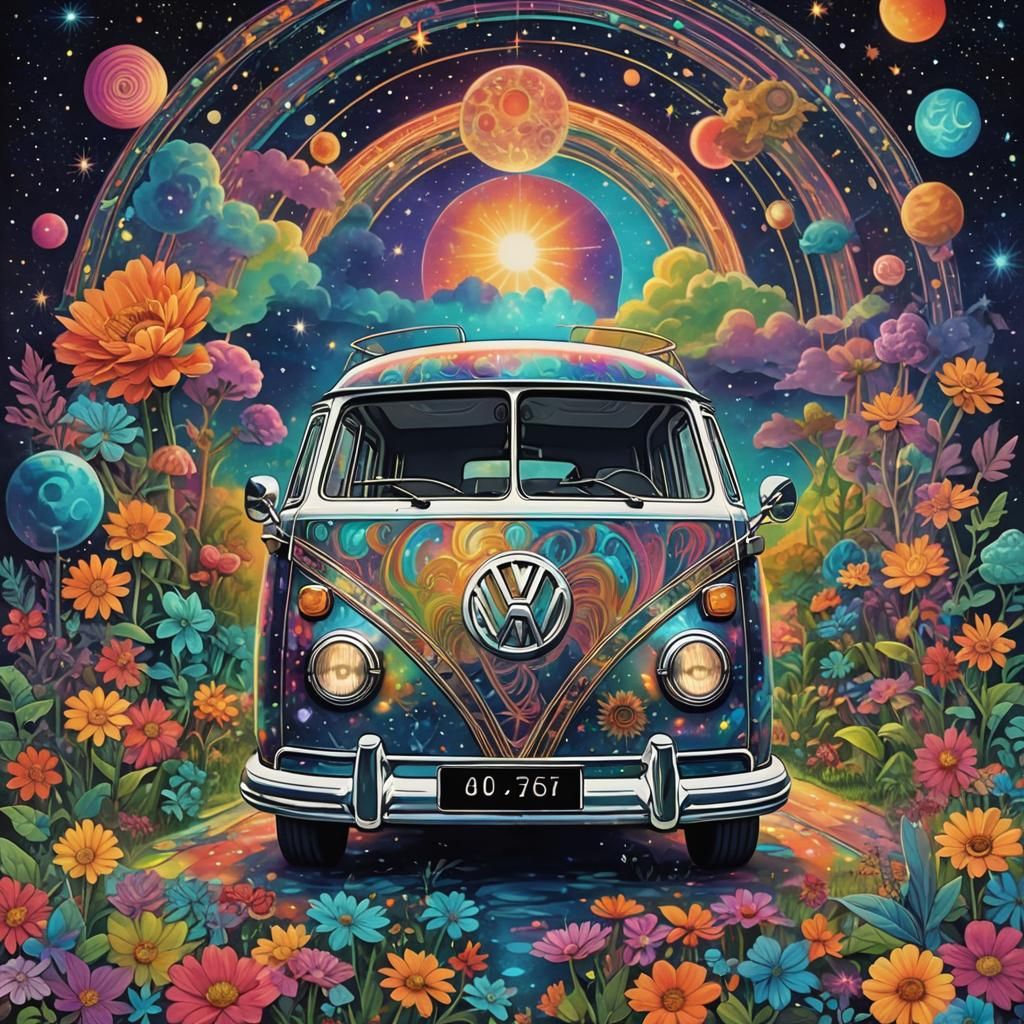 Astral Cosmic VW Van in Pablo Amaringo Style