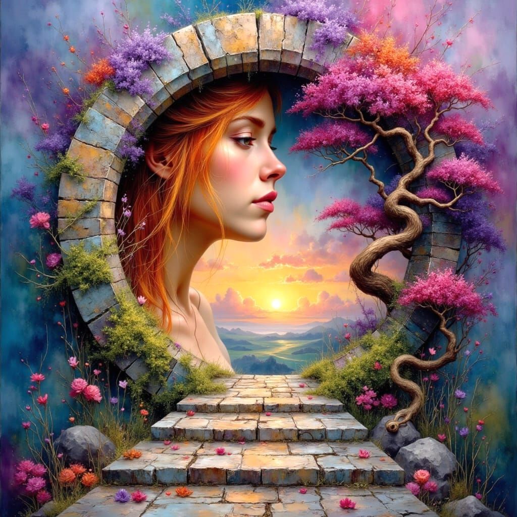 Surreal Stepping Stones to Bonsai Portal: Oil Painting