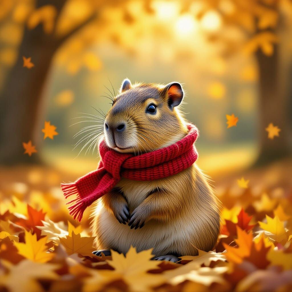 Whimsical Capybara in Autumn Leaves, Painterly Style