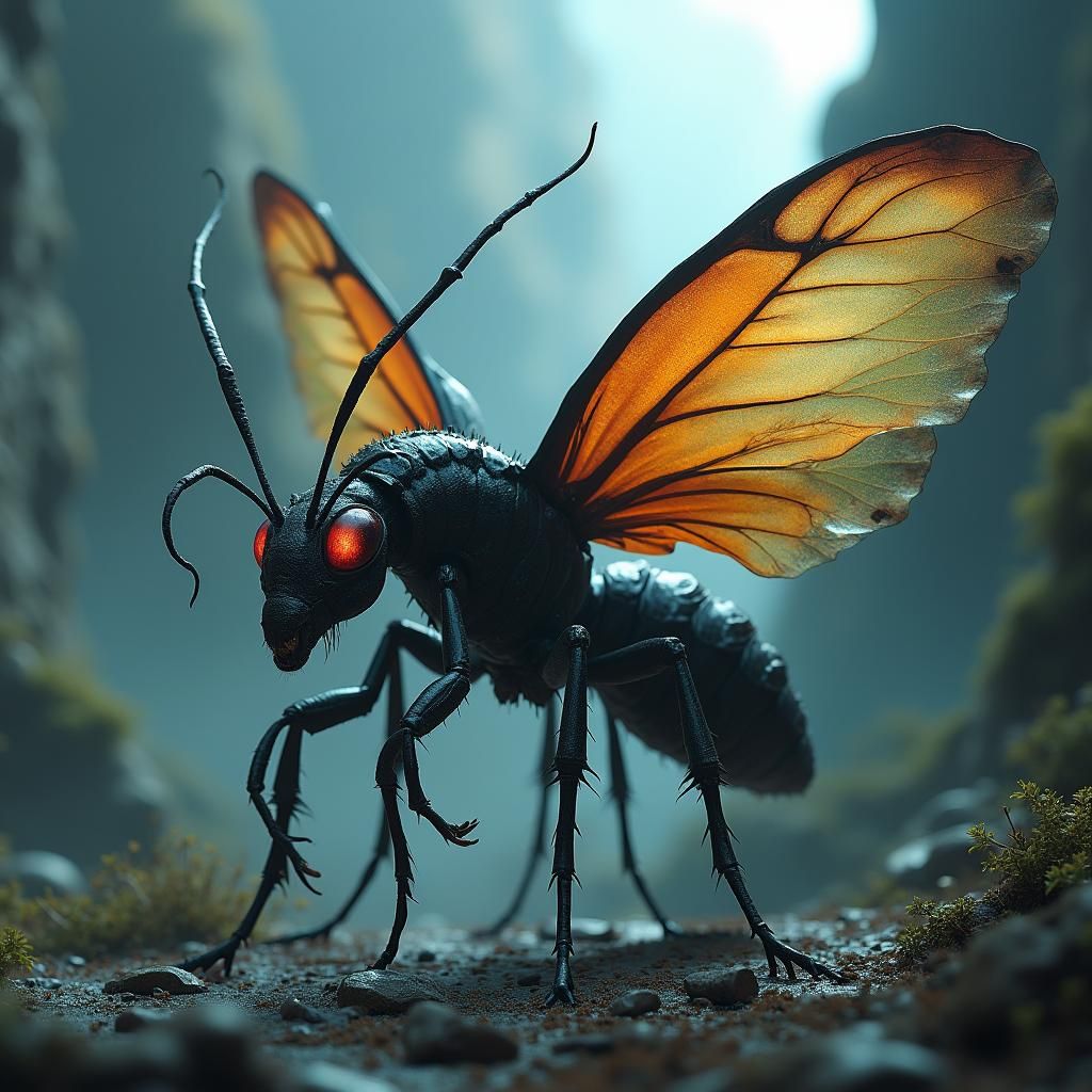 Hybrid Ant-Butterfly Creature in Mystical Landscape