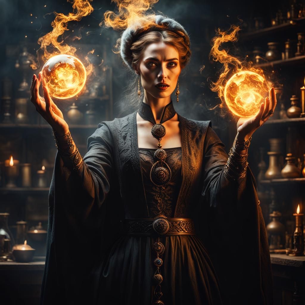 Grand Sorceress Juggling Fireball in Laboratory