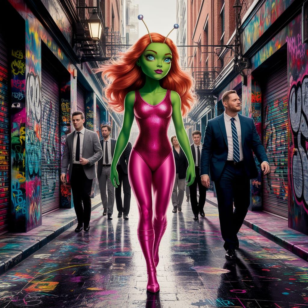 Alien Superhero in Vibrant Graffiti Alley