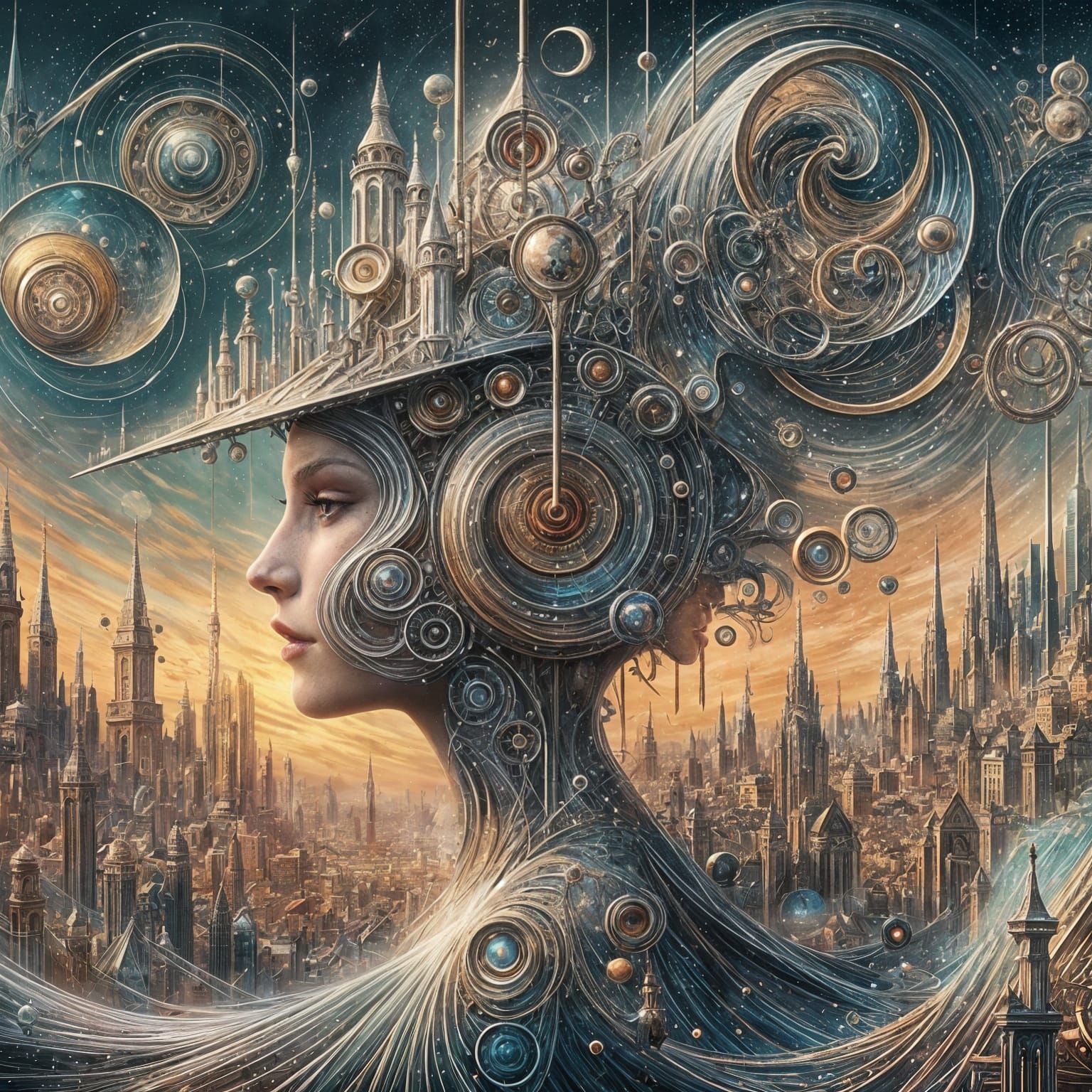 Woman with Sword in Surreal Medieval City