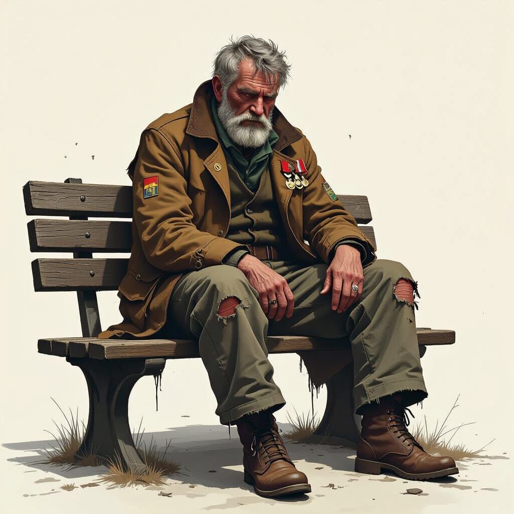 Melancholic Veteran on Bench in Digital Art Style