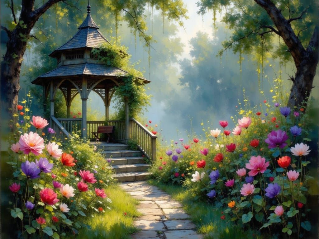 Enchanted Garden with Iridescent Flowers in Bloom