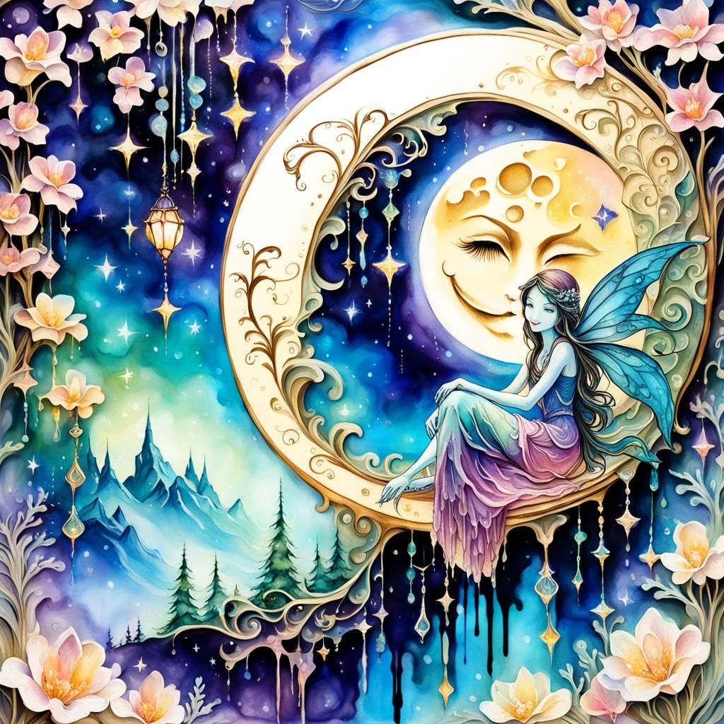 Ornate Fairy in Crescent Moon, Alcohol Ink Art