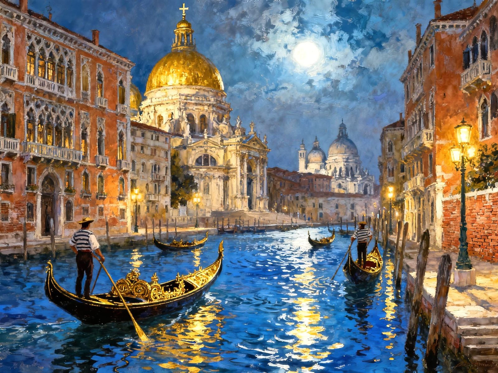 A breathtaking Venetian canal under the moonlight. The scene captures ornate, gold trim gondolas gently gliding along th...