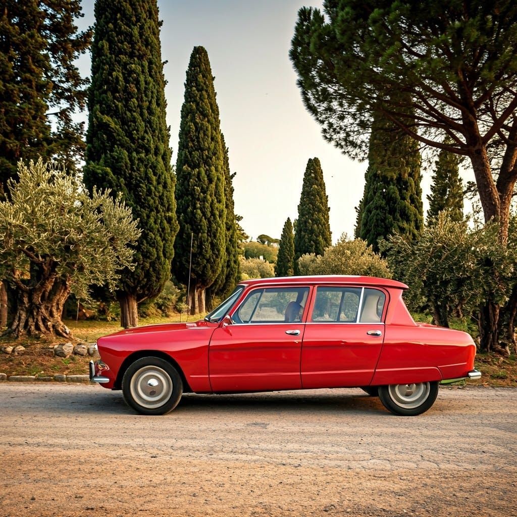 Crimson Citroën Ami 6 on Ancient Roman Road