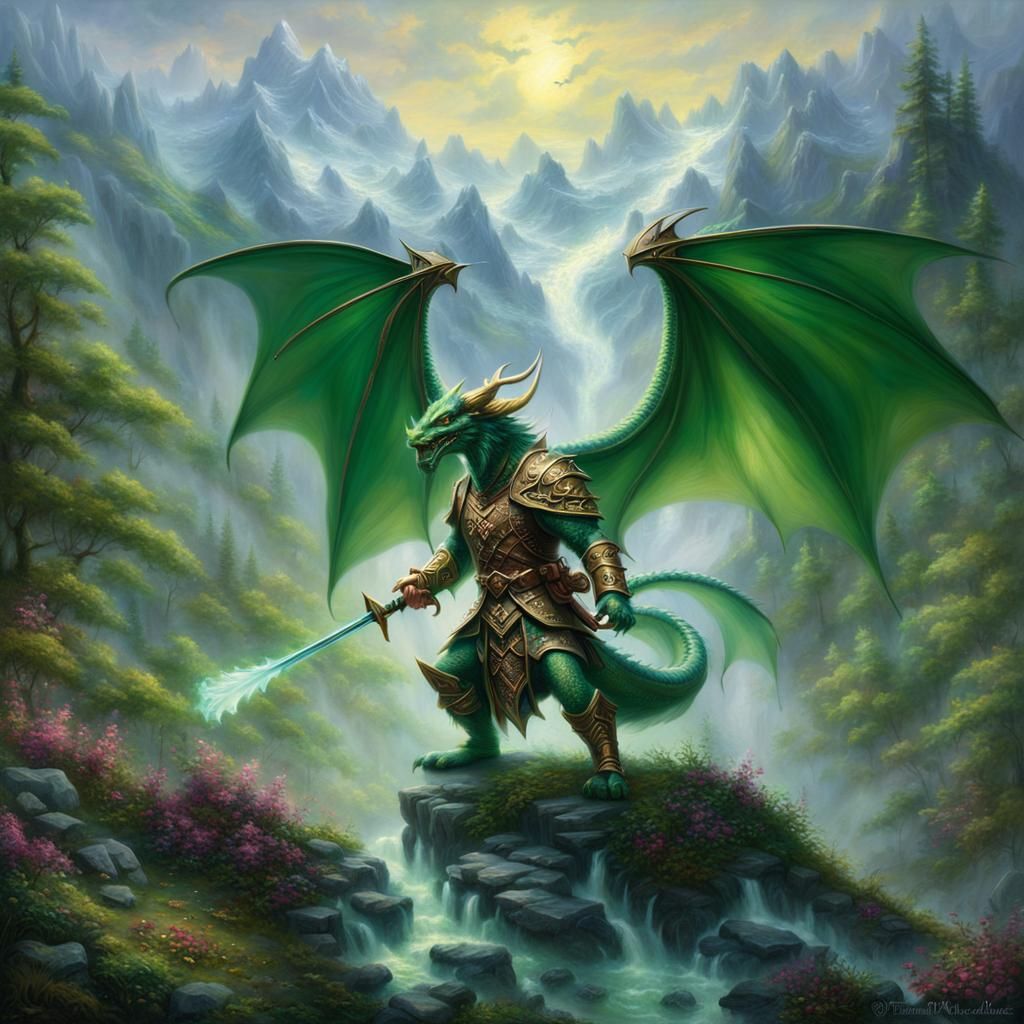Green Metallic Dragonborn Bard in Ethereal Fantasy