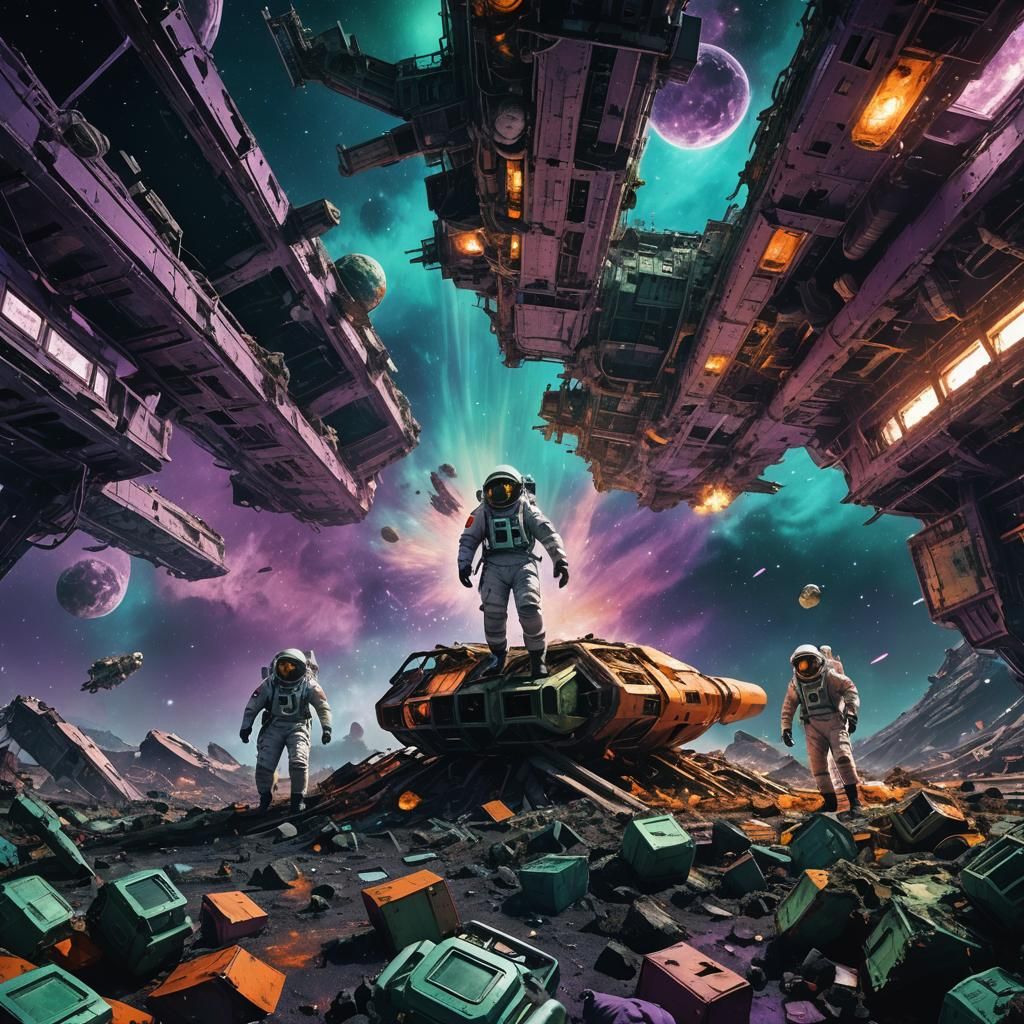 Surreal Space Wreckage with Astronauts: Sci-Fi Concept Art